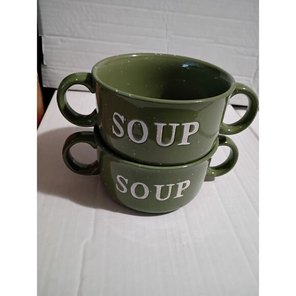 Set of 2 Speckled Green Double Handle Soup Bowls ND Exclusive - Picture 1 of 5